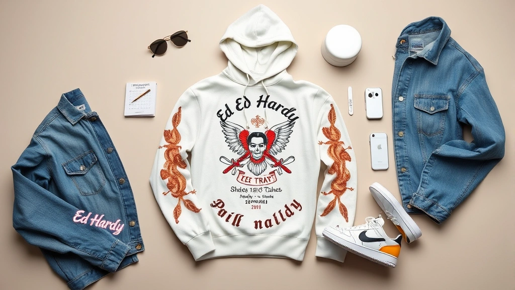 Fashion flat lay featuring Ed Hardy printed hoodie, contemporary sneakers, oversized denim jacket, and clean white accessories arranged artfully on neutral background
