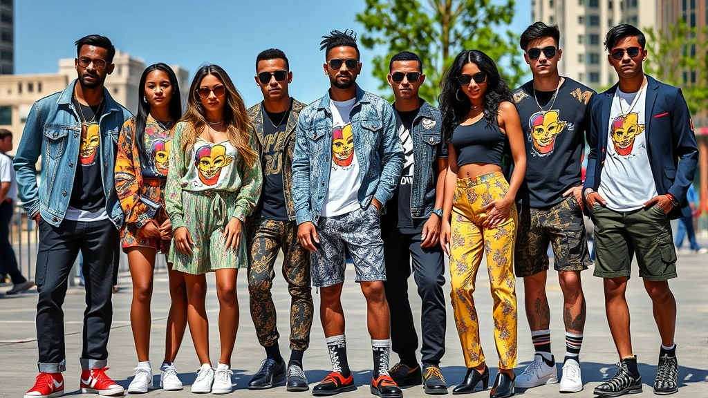 Diverse group of stylish individuals wearing Ed Hardy pieces in various contemporary outfits, outdoor urban setting, natural daylight, showcasing multiple styling approaches and personal interpretations