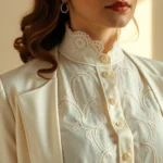 A woman wearing an ivory high-necked Edwardian blouse with delicate lace insertions and pin-tucks, paired with a fitted tailored jacket featuring subtle beading detail, photographed against soft neutral background with warm natural lighting