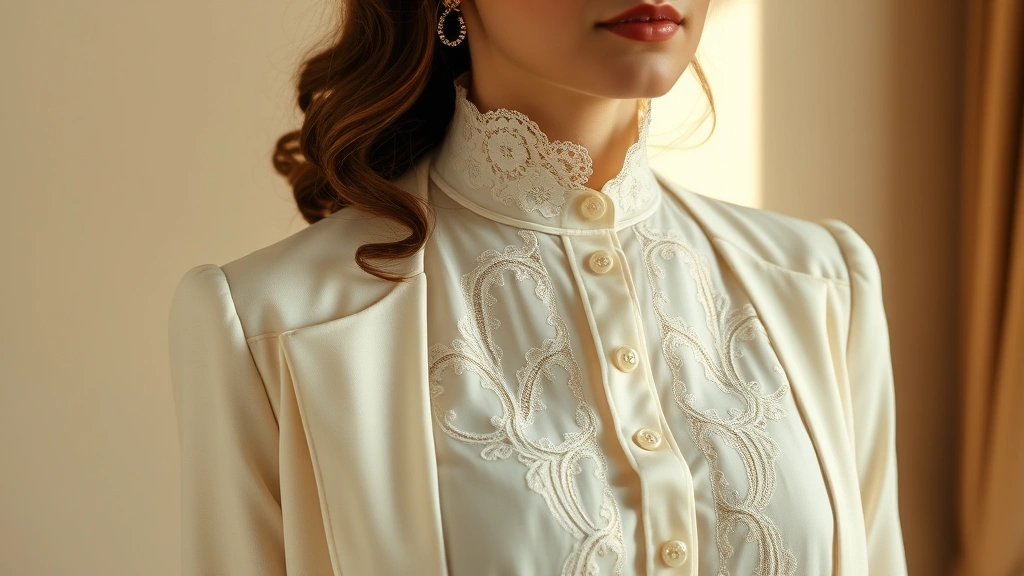 A woman wearing an ivory high-necked Edwardian blouse with delicate lace insertions and pin-tucks, paired with a fitted tailored jacket featuring subtle beading detail, photographed against soft neutral background with warm natural lighting