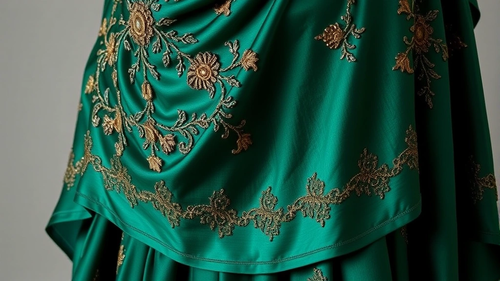 Close-up detail of an elegant Edwardian gown featuring rich emerald silk fabric with intricate beading, ornate embroidery, and layered skirt construction with subtle train, highlighting the luxurious textures and craftsmanship of the era
