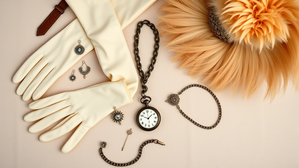 A styled flat lay composition showcasing Edwardian fashion accessories including long cream gloves, ornate jewelry pieces, decorative hat pins, a vintage pocket watch on chain, and an elaborate feathered hat, arranged on soft damask fabric background
