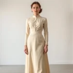 Woman wearing structured cream-colored Edwardian-inspired dress with high neckline, fitted waist, and long skirt, standing in modern minimalist interior, photographed from full length showing elegant posture and period silhouette