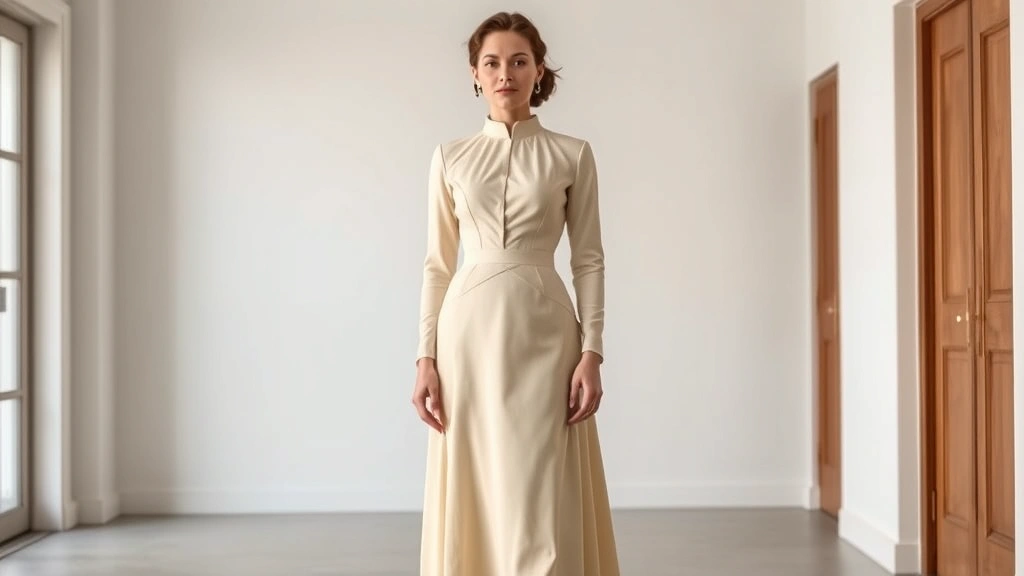 Woman wearing structured cream-colored Edwardian-inspired dress with high neckline, fitted waist, and long skirt, standing in modern minimalist interior, photographed from full length showing elegant posture and period silhouette