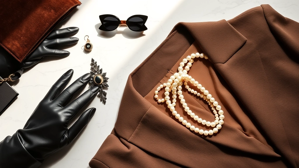 Fashion styling flat lay featuring vintage-inspired accessories including long gloves, ornate brooch, pearl necklace, and structured blazer arranged on white marble surface with dramatic lighting