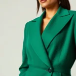 Confident woman in oversized structured blazer with sharp tailoring, bold jewel-tone emerald color, architectural shoulders, photographed from waist up against neutral background, professional lighting highlighting fabric texture and silhouette precision