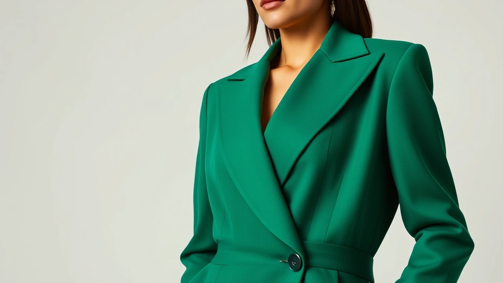 Confident woman in oversized structured blazer with sharp tailoring, bold jewel-tone emerald color, architectural shoulders, photographed from waist up against neutral background, professional lighting highlighting fabric texture and silhouette precision