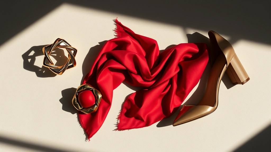 Fashion editorial flat lay of statement pieces: sculptural metallic bracelet, chunky geometric ring, silk scarf in saturated color, architectural shoes with dramatic heel, all arranged artfully on neutral surface with dramatic shadows