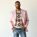 Male model wearing oversized pastel pink blazer with broad shoulders, geometric patterned sweater underneath, acid-washed jeans, and chunky gold chain necklace, standing against minimalist backdrop, natural lighting, confident pose