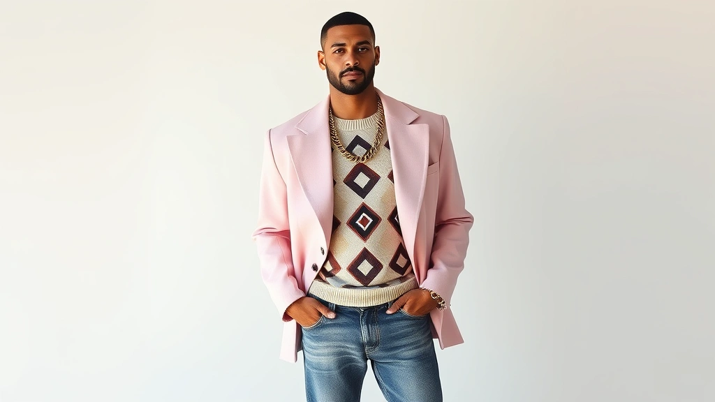 Male model wearing oversized pastel pink blazer with broad shoulders, geometric patterned sweater underneath, acid-washed jeans, and chunky gold chain necklace, standing against minimalist backdrop, natural lighting, confident pose