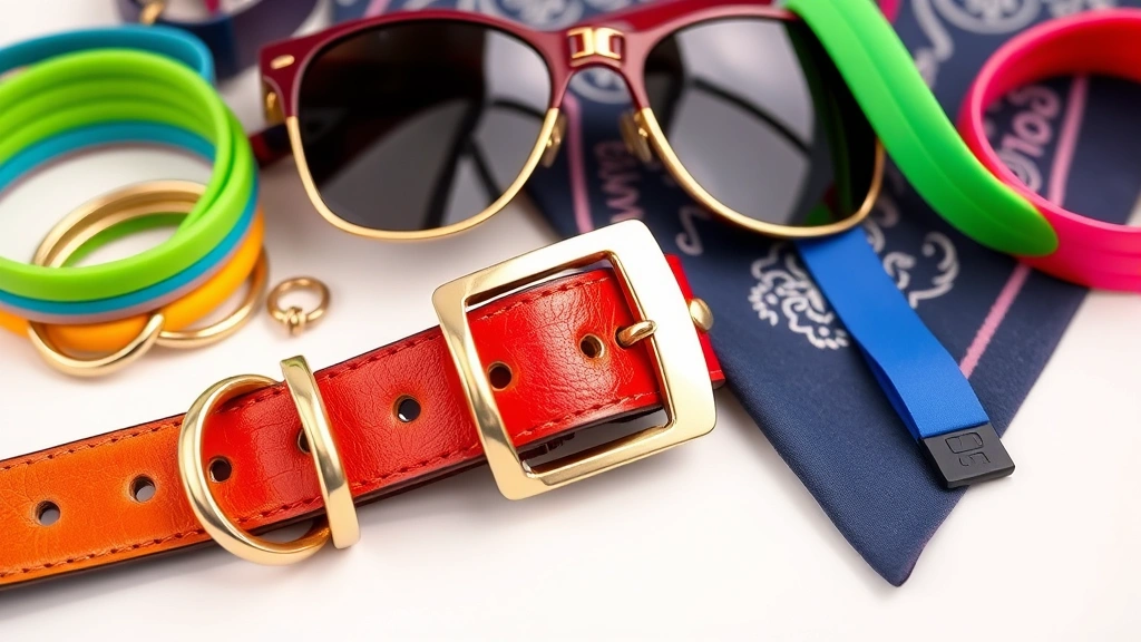 Close-up of 80s accessories arranged artfully: colorful leather belt with metallic buckle, multiple chunky gold rings, vintage sunglasses with mirrored lenses, wristbands and sweatbands in neon colors, bandana, laying flat on white surface