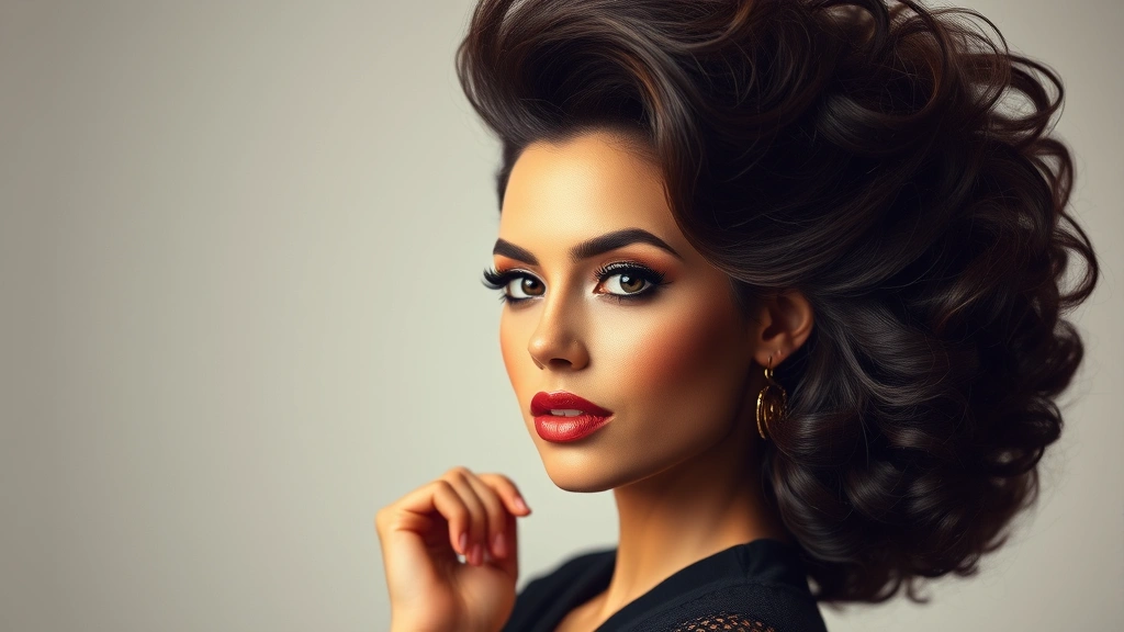 Professional model with voluminous permed hair styled in 1980s fashion, dramatic texture and height, studio lighting, glamorous makeup and styling