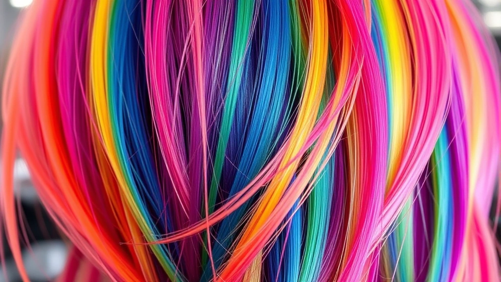 Close-up of vibrant neon-colored hair streaks and highlights, showing bold color placement and contemporary texture techniques, professional salon setting