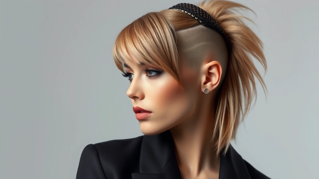 Fashion model showcasing modern mullet hairstyle with contemporary fade technique, statement hair accessory, professional photography with neutral background