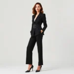 Emma Corrin wearing architectural black blazer with high-waisted wide-leg trousers, pointed-toe heels, minimalist jewelry, confident posture, neutral background, editorial fashion photography, sharp tailoring details visible