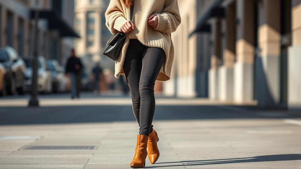 Emma Corrin casual street style wearing oversized neutral sweater tucked into fitted bottoms, sculptural boots, structured handbag, effortless elegance, natural daylight, urban setting, quality basics elevated through thoughtful styling
