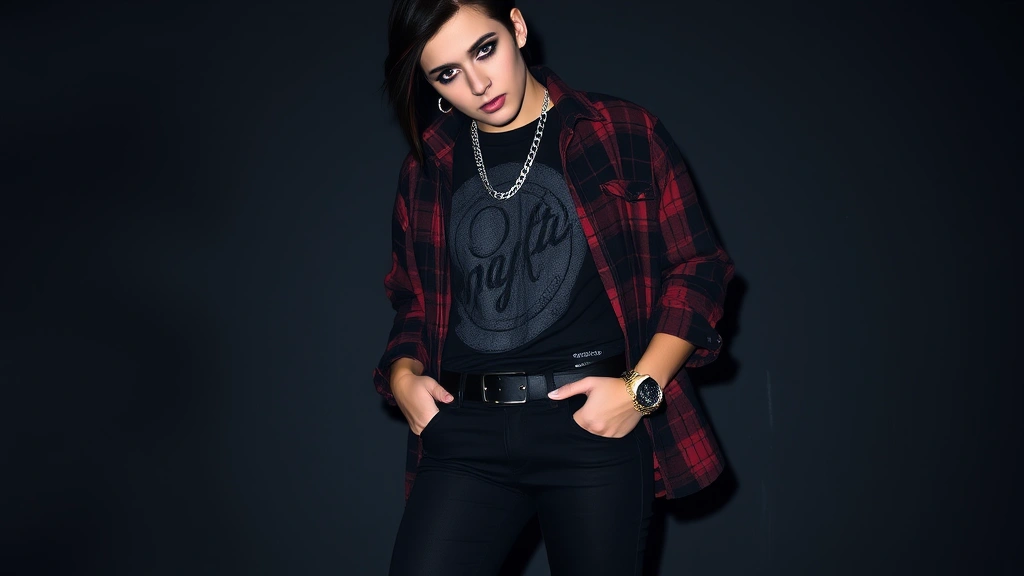 Person wearing black skinny jeans, layered band t-shirt under oversized plaid button-up, silver chain accessories, dramatic dark eye makeup with black eyeliner wings, side-swept black hair with colored streaks, standing confidently against moody backdrop