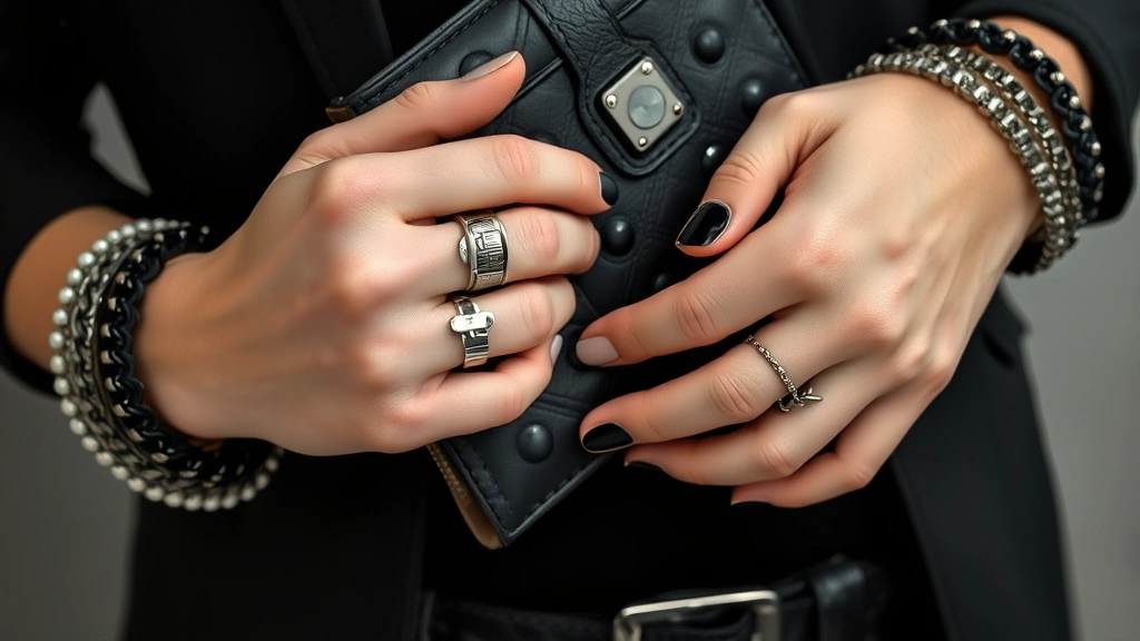 Close-up of emo fashion styling details: stacked silver rings on pale hands, studded leather wristbands, chain wallet, multiple layered bracelets in black and metallic tones, hands positioned expressively against dark clothing