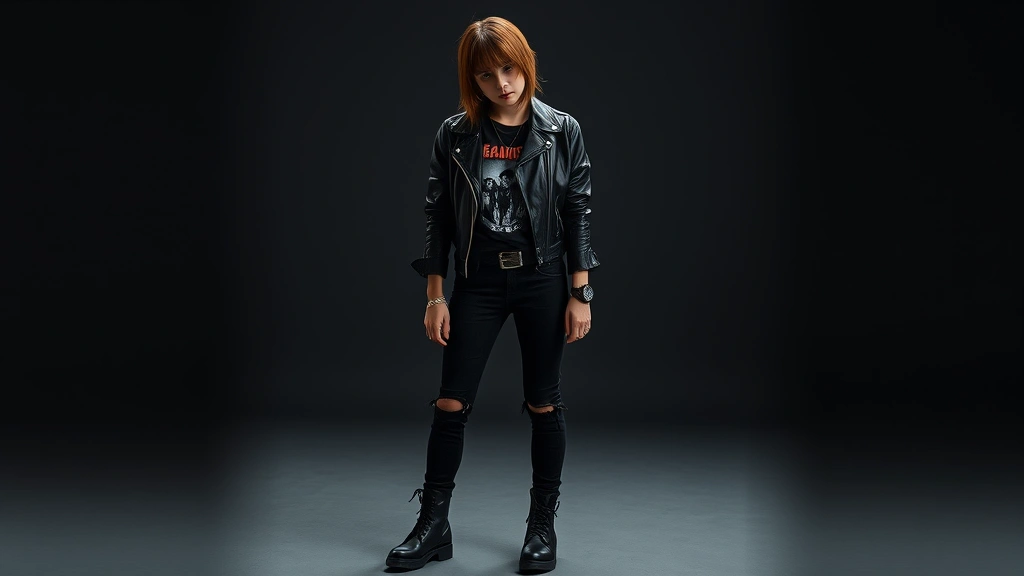 Full-body shot of individual in complete emo outfit: black leather jacket over graphic band tee, fitted black jeans with rips, combat boots, multiple accessories, perfectly styled side-swept bangs with partial eye coverage, moody atmospheric lighting