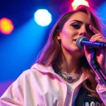 Close-up of a female musician performing on stage wearing oversized designer streetwear, vibrant stage lighting, confident expression, modern urban fashion aesthetic, professional photography