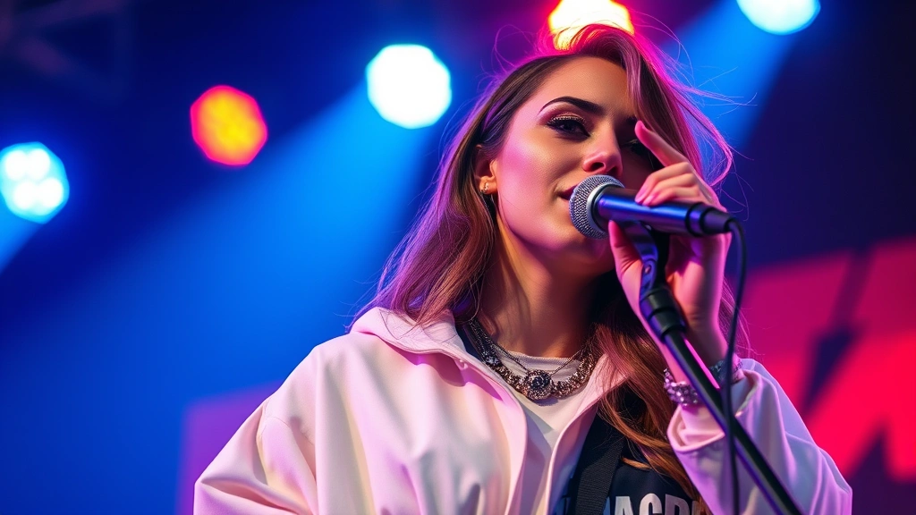 Close-up of a female musician performing on stage wearing oversized designer streetwear, vibrant stage lighting, confident expression, modern urban fashion aesthetic, professional photography