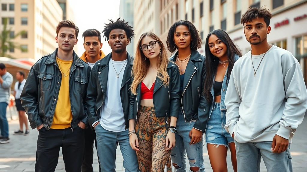 Diverse group of young people wearing different fashion styles inspired by music videos, outdoor urban setting, mixing high-end and streetwear pieces, natural daylight, candid lifestyle moment