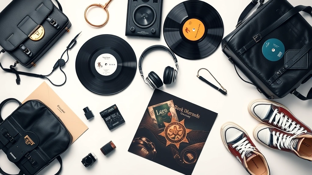 Luxury fashion items arranged artistically with vinyl records and headphones, flat lay composition, designer handbags and sneakers, musical instruments visible, high-fashion editorial style