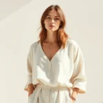 Woman wearing minimalist sustainable fashion outfit in neutral tones, standing in natural sunlight with organic cotton and linen clothing visible, showcasing timeless design and quality craftsmanship