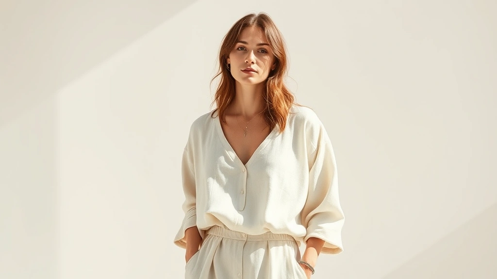 Woman wearing minimalist sustainable fashion outfit in neutral tones, standing in natural sunlight with organic cotton and linen clothing visible, showcasing timeless design and quality craftsmanship