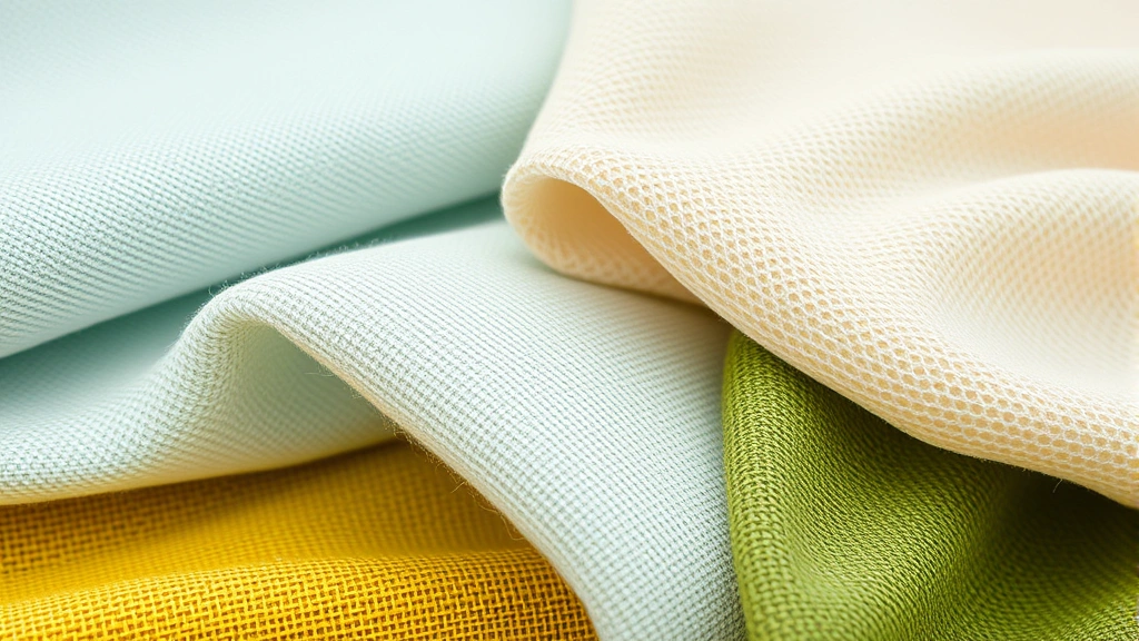 Close-up of sustainable fabric textures including organic cotton, recycled polyester, and plant-based materials arranged artfully, highlighting material innovation in eco-friendly fashion production