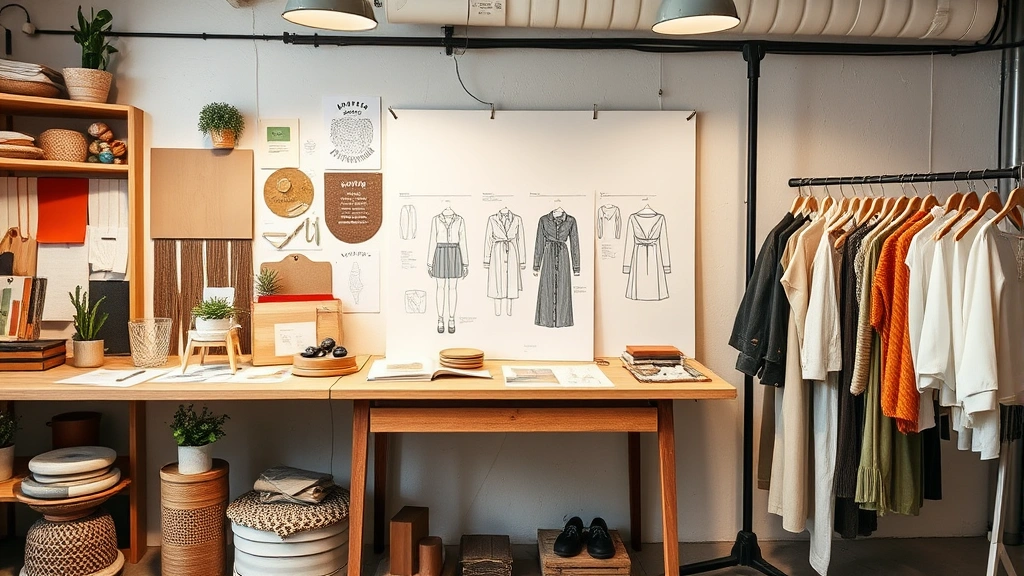 Fashion designer workspace with sustainable materials samples, design sketches, and sustainable fashion brand products displayed, showing the creation process behind ethical clothing design