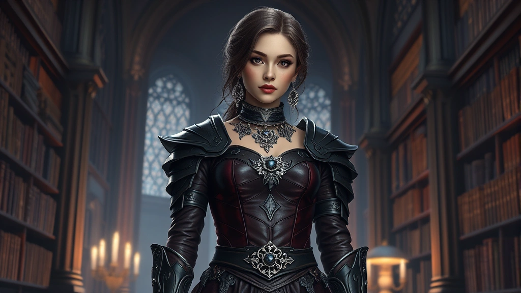 Photorealistic female character in dark academia aesthetic wearing burgundy and black leather armor with ornate silver jewelry, standing in scholarly library setting with magical ambient lighting, fantasy style, high fashion editorial quality, no visible text or logos