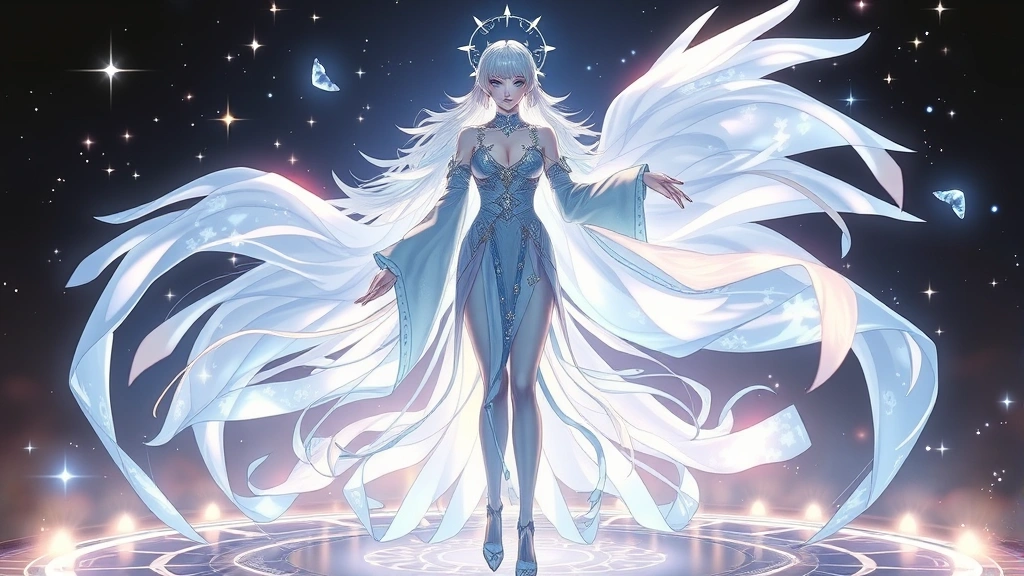 Photorealistic character showcasing ethereal elegance with flowing luminescent white and blue robes, celestial-inspired design with glowing accents, surrounded by magical sparkles and star effects, standing on mystical platform, high fashion fantasy aesthetic, no text visible