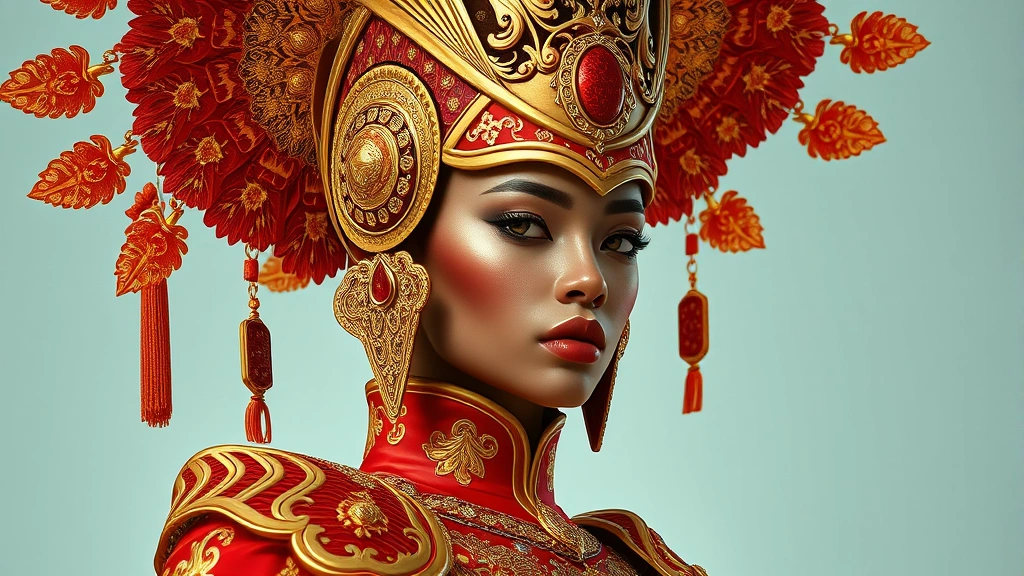 Photorealistic fashionable character in maximalist opulence style wearing bold crimson and gold ornate armor with contrasting patterns, elaborate headdress with intricate details, confident pose, rich color palette, luxury fantasy fashion editorial, no visible text or signs