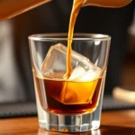 Close-up of freshly extracted espresso shot with rich crema layer pouring into crystal rocks glass containing large clear ice cube and amber whiskey, professional bar setting, golden afternoon lighting
