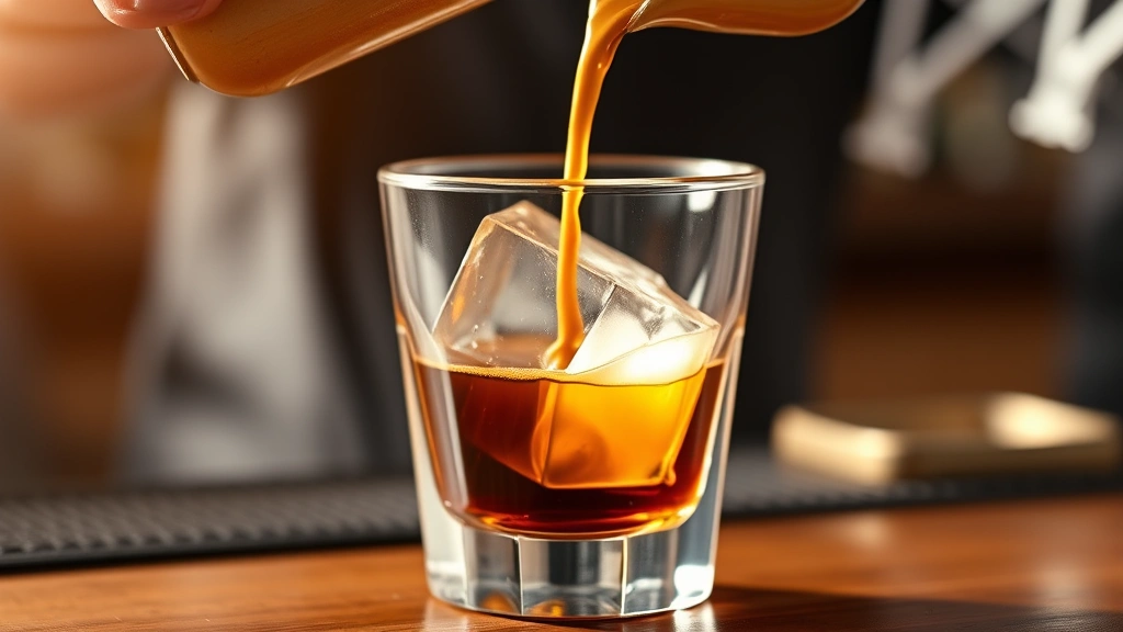 Close-up of freshly extracted espresso shot with rich crema layer pouring into crystal rocks glass containing large clear ice cube and amber whiskey, professional bar setting, golden afternoon lighting