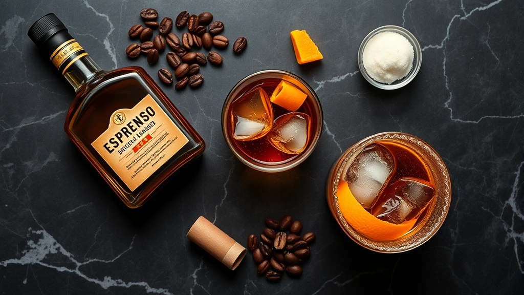 Overhead flat lay of espresso old fashioned cocktail components artfully arranged: premium rye whiskey bottle, whole coffee beans, Angostura bitters, demerara sugar, orange twist, crystal glassware, dark marble surface