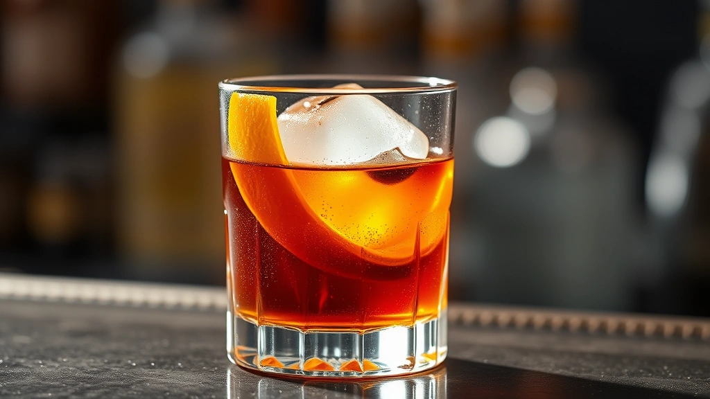 Finished espresso old fashioned in rocks glass with large ice cube, orange twist garnish, coffee bean float, amber liquid catching warm bar lighting, condensation on crystal, professional cocktail photography