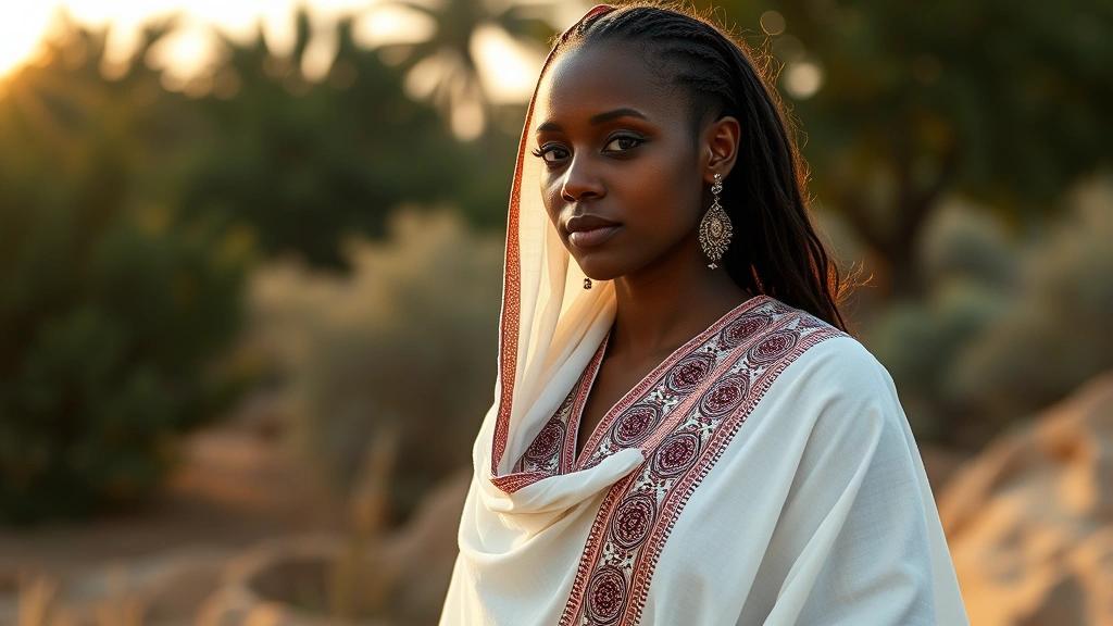 Woman wearing authentic white habesha kemis with ornate woven borders, standing in natural outdoor setting with soft golden hour lighting, showcasing the elegant drape and craftsmanship of the garment