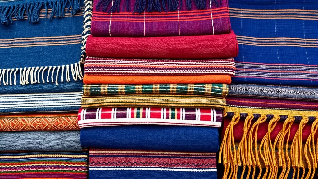 Vibrant display of folded netelas and shamas with various woven borders in traditional patterns, featuring natural dyes in indigo, rust, and earth tones, arranged to show texture and design detail