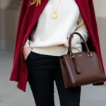Woman wearing cream oversized sweater layered under burgundy structured cardigan with fitted black tailored trousers and pointed-toe flats, holding a structured leather handbag, minimal gold jewelry, professional yet fashion-forward styling, natural lighting