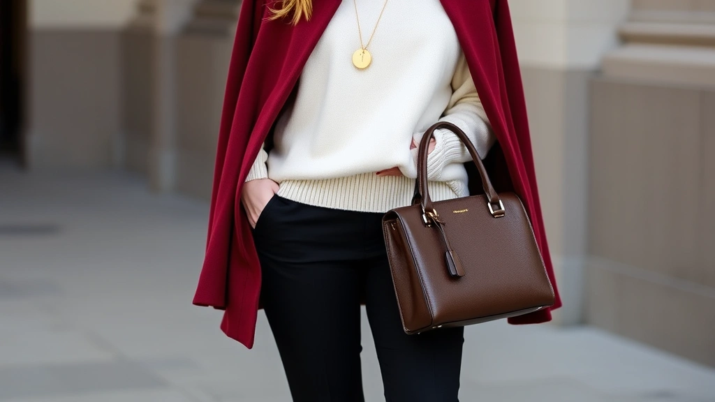 Woman wearing cream oversized sweater layered under burgundy structured cardigan with fitted black tailored trousers and pointed-toe flats, holding a structured leather handbag, minimal gold jewelry, professional yet fashion-forward styling, natural lighting