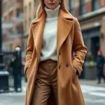 Woman wearing oversized camel wool coat with cream turtleneck and tailored trousers, standing in urban setting with snow-dusted background, confident winter fashion pose