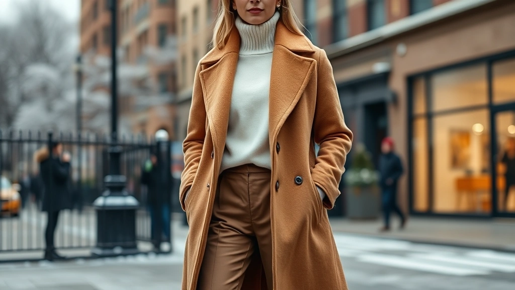 Woman wearing oversized camel wool coat with cream turtleneck and tailored trousers, standing in urban setting with snow-dusted background, confident winter fashion pose
