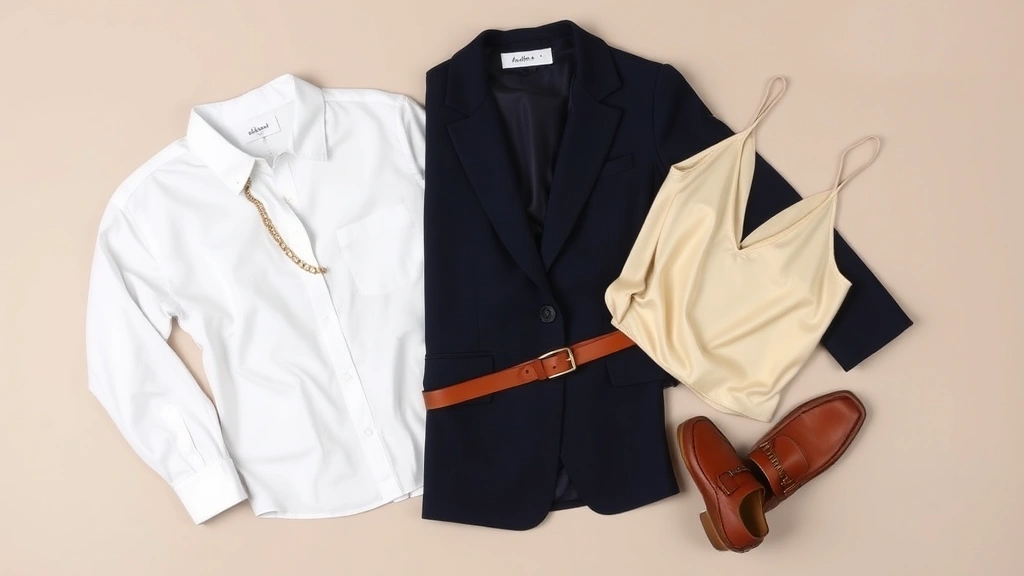 Flat lay of basics elevation: white button-down shirt, navy blazer, cream silk camisole, gold chain necklace, leather belt, and classic loafers arranged artistically on neutral background, showing how to combine pieces