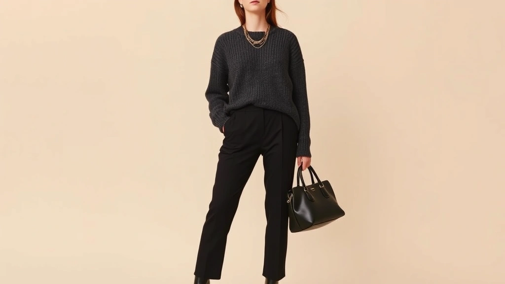 Woman in monochromatic outfit wearing charcoal gray sweater over cream silk slip, black tailored trousers, and black ankle boots with gold layered necklaces and structured handbag, standing against neutral backdrop, editorial fashion photography