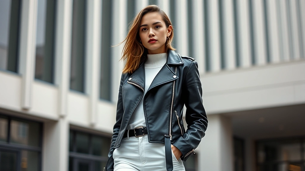 Model in sleek black leather moto jacket layered over white minimalist outfit, street style winter fashion with architectural modern building background, edgy contemporary aesthetic