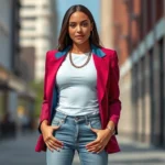 Fashion-forward woman wearing structured blazer with shoulder padding in jewel tone over fitted white tee, high-waisted jeans, statement gold chain necklace, standing confidently in urban setting with natural lighting
