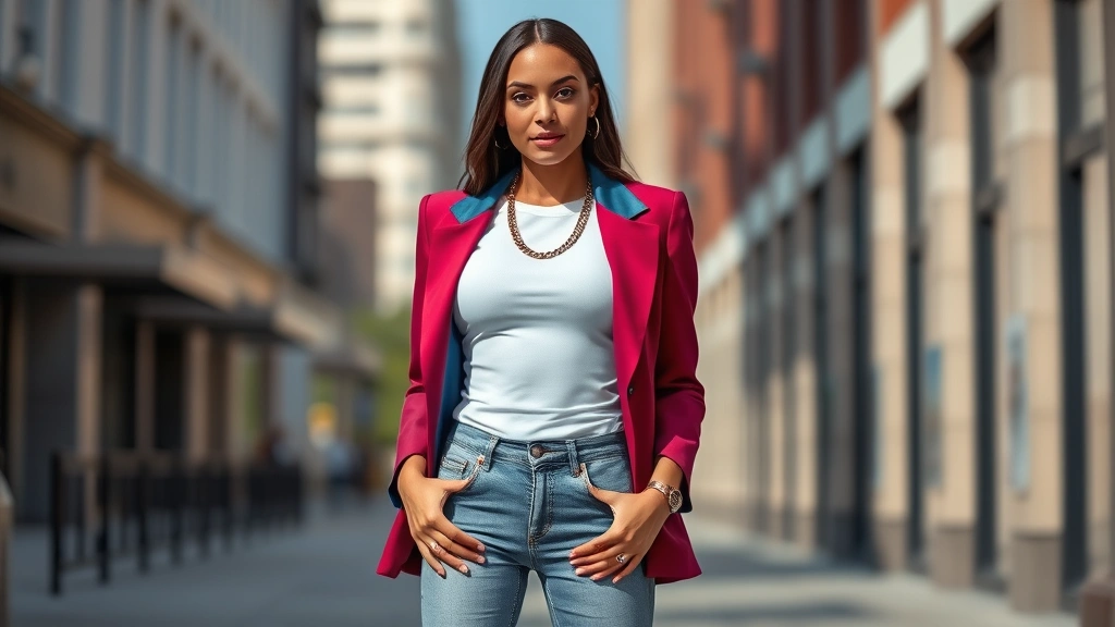 Fashion-forward woman wearing structured blazer with shoulder padding in jewel tone over fitted white tee, high-waisted jeans, statement gold chain necklace, standing confidently in urban setting with natural lighting