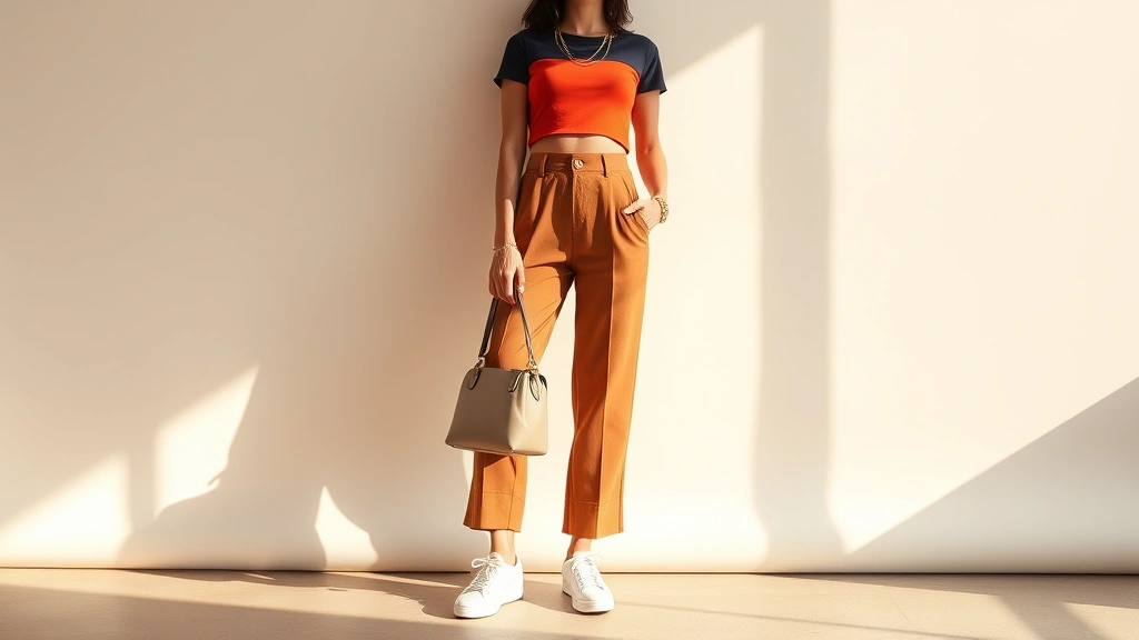 Stylish person wearing color-blocked outfit with cropped top and high-waisted trousers, white sneakers, layered gold jewelry, holding structured handbag, photographed against minimalist backdrop with warm natural light